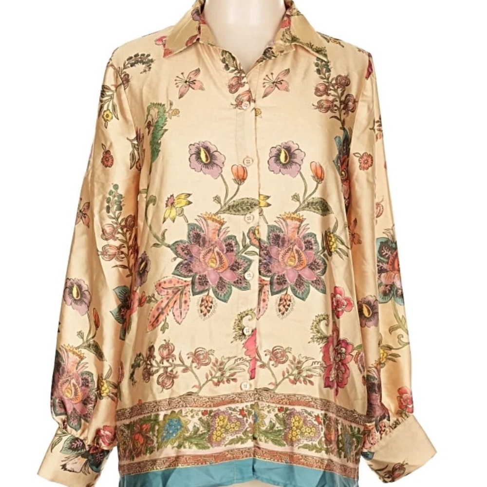 NWOT Elie Tahari Satin Floral Print Long Sleeve Blouse Top XL